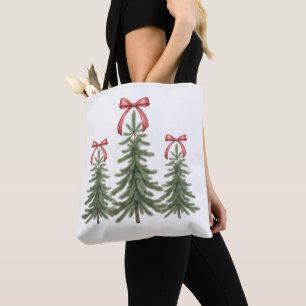 Bolsa Tote Árvore de Natal Laço Vermelho Retro Feliz Natal