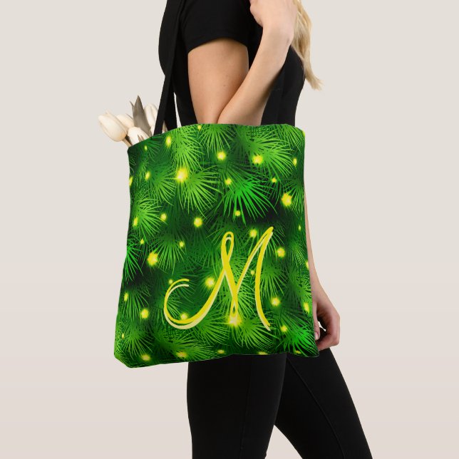 Bolsa Tote Árvore de Natal Luz de Natal Monograma Verde (Close Up)