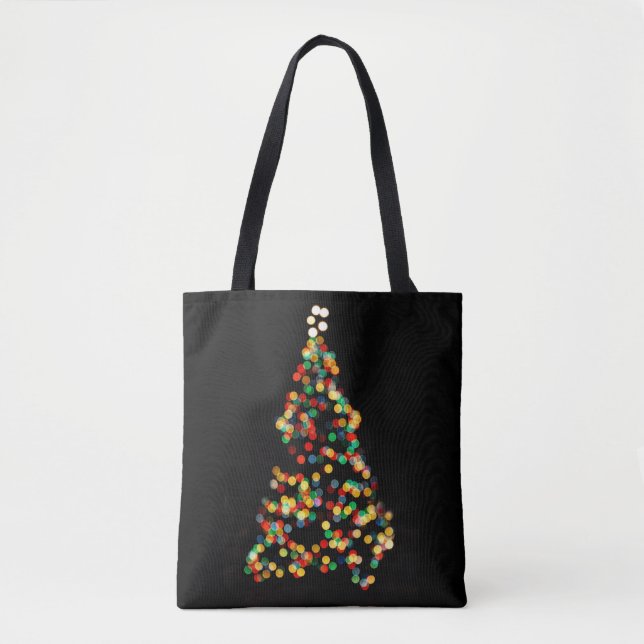 Bolsa Tote Árvore de Natal, Luzes multicoloridas, bokeh (Frente)