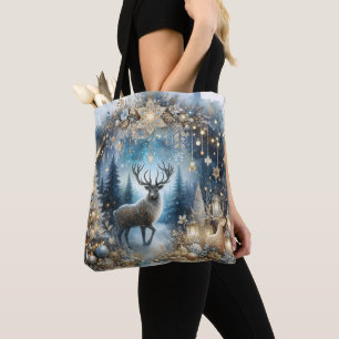 Bolsa Tote Árvore de Natal Rena Aquarela Florestal