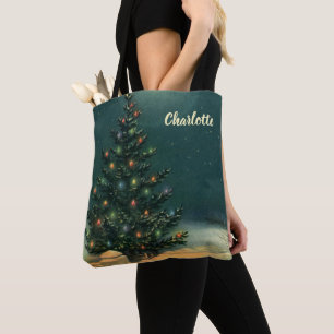 Bolsa Tote Árvore de Natal Vintage à Noite com Luzes e Neve