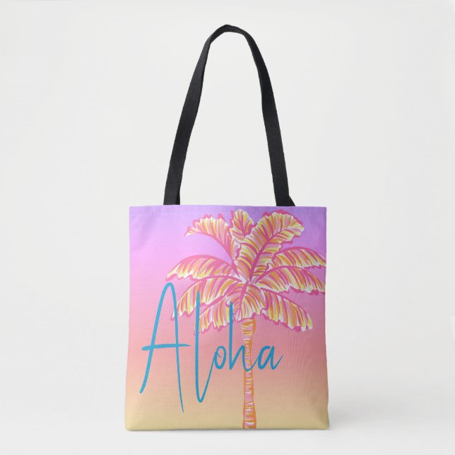 Bolsa Tote Árvore de Palma Rosa Tropical Sunset Aloha ao ar l (Frente)