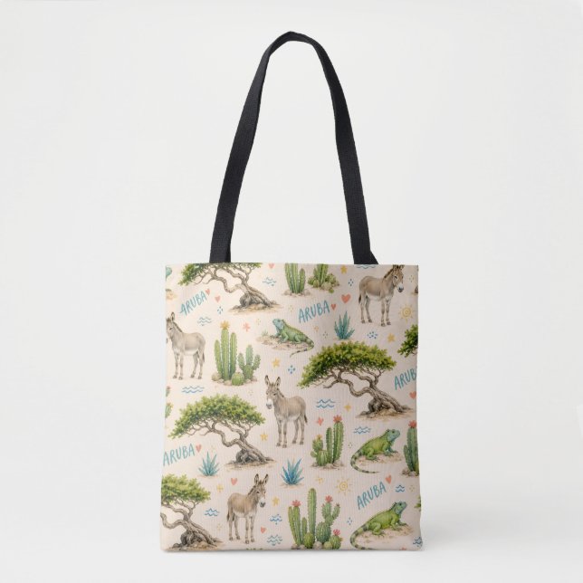 Bolsa Tote Árvore divi de Aruba, burro, iguana, cacto (Frente)
