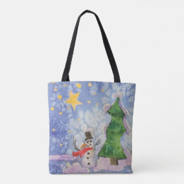Bolsa Tote Árvore Feliz De Natal E Aquarela De Neve Congelada