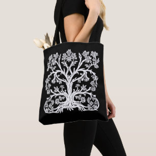 Bolsa Tote Árvore Floral da Vida em Branco em Preto