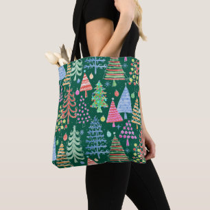 Bolsa Tote Árvore natalícia branca, cor-de-rosa, azul sobre p