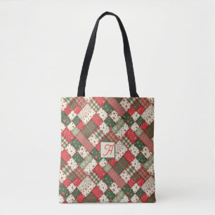 Bolsa Tote Árvore padrão natal patchwork verde vermelho nome