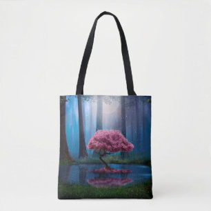 Bolsa Tote Árvore rosa e lagoa no bosque à noite
