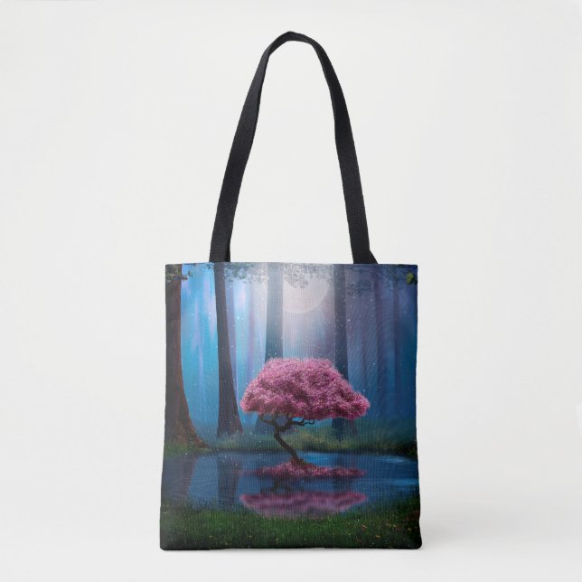 Bolsa Tote Árvore rosa e lagoa no bosque à noite (Frente)