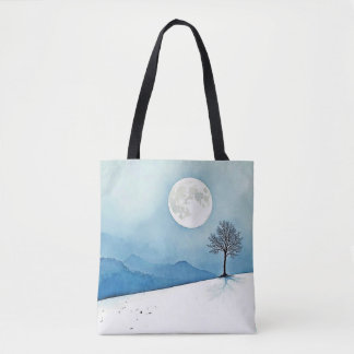 Bolsa Tote Árvore Solitária: Arte Serena da Lua Cheia Silenci