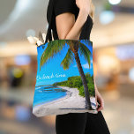 Bolsa Tote Árvore Tropical de Palma de Praia Hawaii em Beach<br><div class="desc">"Na hora da praia." Volte às memórias de dias de praia tropical preguiçosos sempre que você usa esta inspiradora foto de férias do Havaí para um saco de palmeiras solitárias em uma praia arenosa, crescente, com claros céus azuis turquesas e água. Faz um presente de excelente para você ou alguém...</div>