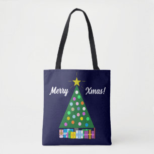 Bolsa Tote Árvore Verde de Natal Feliz Feriados: Azul Escuro