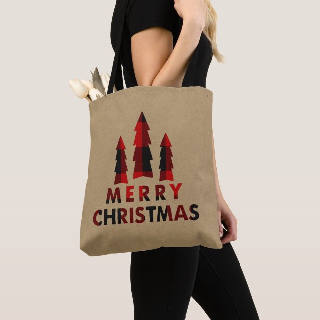 Bolsa Tote Árvores de Natal Alegres Rústicas Xadrez Vermelho  (Close Up)