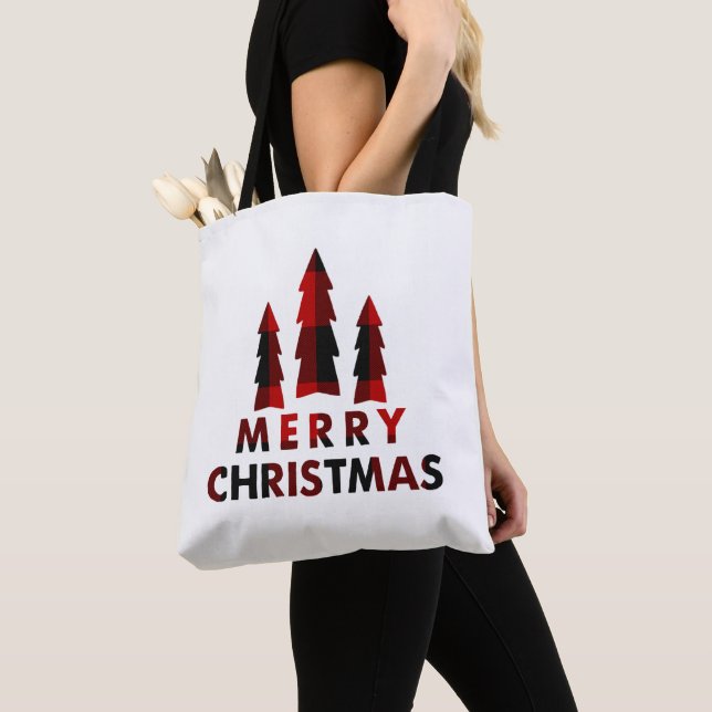 Bolsa Tote Árvores de Natal Alegres Rústicas Xadrez Vermelho  (Close Up)