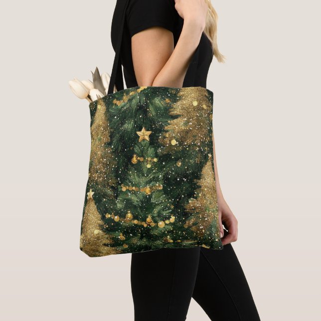 BOLSA TOTE ÁRVORES DE NATAL DE FERIADO VERDE E DOURADO DO INV (Close Up)
