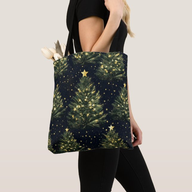 BOLSA TOTE ÁRVORES DE NATAL DE FESTA DE INVERNO VERDES E DOUR (Close Up)