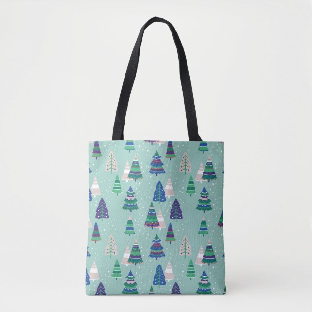 Bolsa Tote Árvores de Natal em fundo azul (Frente)
