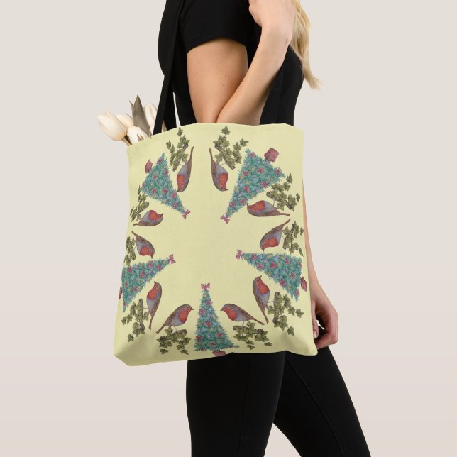 Bolsa Tote árvores de natal marinheiros e robins de natal (Close Up)