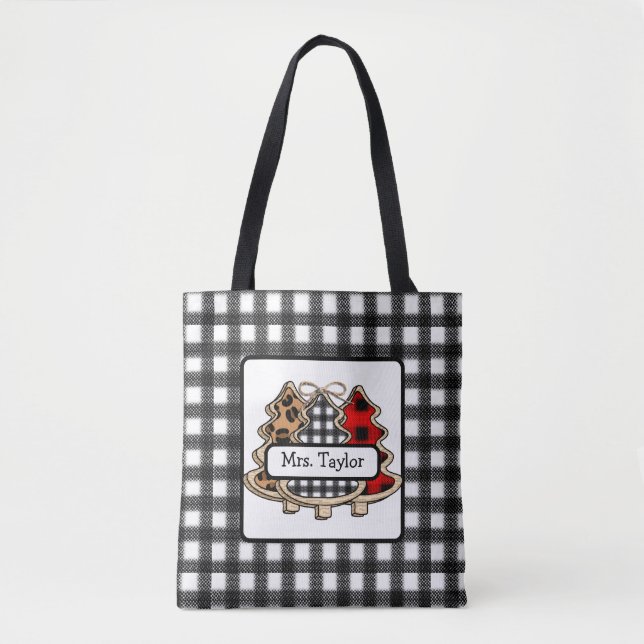 Bolsa Tote Árvores de Natal Personalizadas da Xadrez de Buffa (Frente)