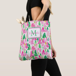 Bolsa Tote Árvores de Natal Rosa e Verde Monograma Préppy