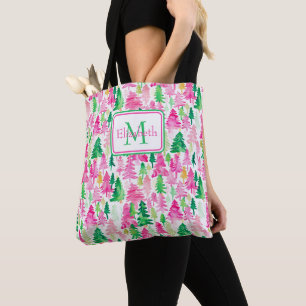 Bolsa Tote Árvores de Natal Rosa e Verde Monograma Préppy