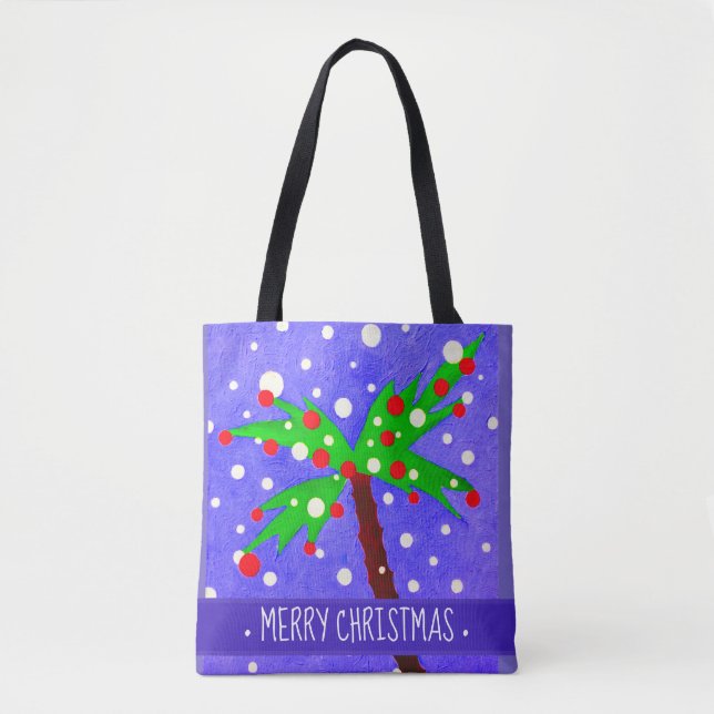 Bolsa Tote Árvores de Natal tropicais pontos de neve Feliz Na (Frente)