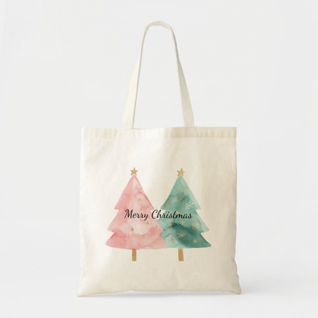 Bolsa Tote Árvores de Natal Verdes Rosa (Frente)