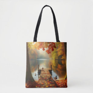 Bolsa Tote Árvores de outono e lago com patos
