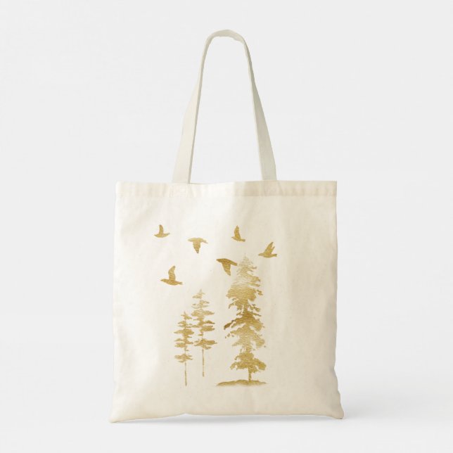 Bolsa Tote Árvores e Aves Douradas do inverno (Verso)