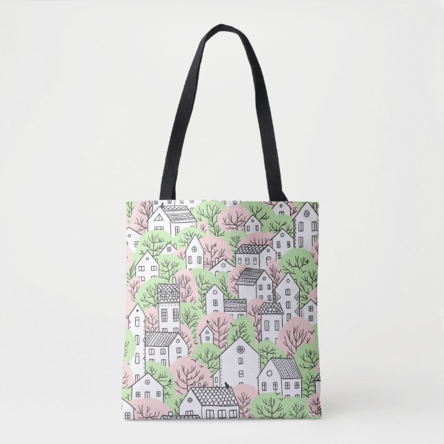 Bolsa Tote Árvores e casas com padrão uniforme. Primavera e s (Frente)
