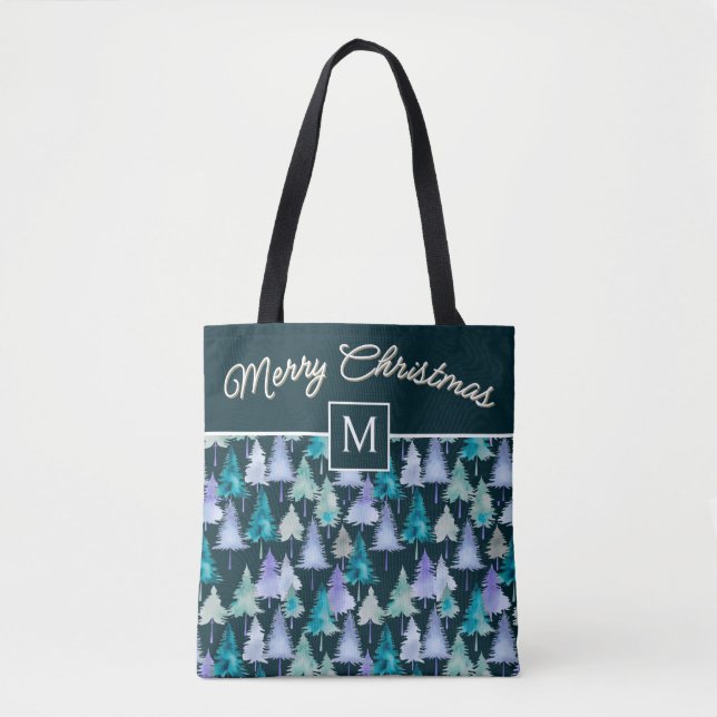 Bolsa Tote Árvores em Aquarela Feliz Natal Monogramado (Frente)