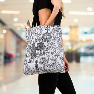 Bolsa Tote Árvores Negras e Brancas Arte Moderna Desenhada à 