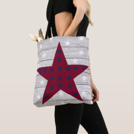 BOLSA TOTE AS ESTRELAS VERMELHAS E AZUIS NA MADEIRA BRANCA OL