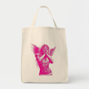 Bolsa Tote Asas Estéticas de Anjo Rosa Tecido Streetwear Y2K