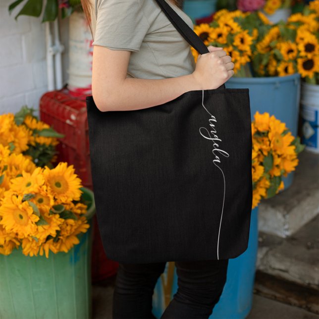 Bolsa Tote Assinatura de Vidro Elegante Preto e Branco (Black and White Elegant Glam Signature Tote Bag)