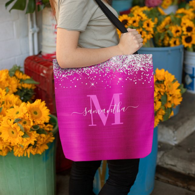 Bolsa Tote Assinatura Monograma Silver Glitter Tinta Rosa Que (Signature Monogram Silver Glitter Hot Pink Foil Tote Bag)