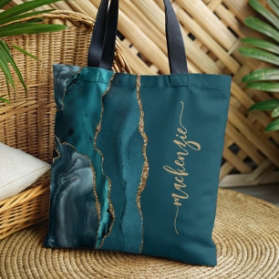 Bolsa Tote Assinatura Personalizada Ágata Azul Turquesa Doura