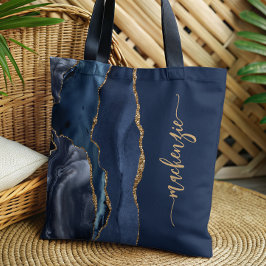 Bolsa Tote Assinatura Personalizada Azul Marinho Ágata Dourad