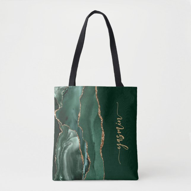 Bolsa Tote Assinatura Personalizada: Emerald Green Agate Dour (Frente)