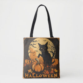 Bolsa Tote Assombrando Gato Negro em Pumpkin com Lua e Morceg