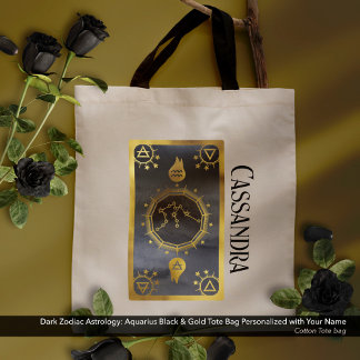 Bolsa Tote Astrologia Zodíaca Escura: Nome Dourado de Aquário
