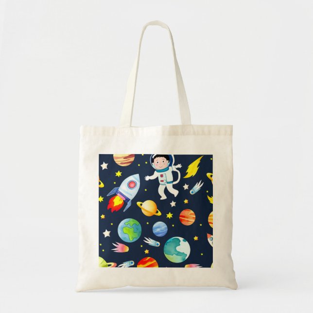 Bolsa Tote Astronaut in Space Planets and Rockets Pattern (Frente)
