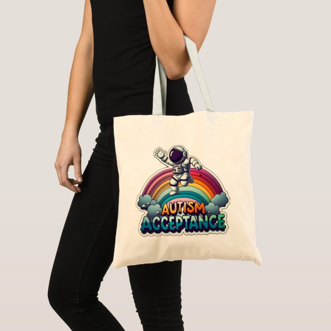 Bolsa Tote Astronauta do Arco-Íris Aceitação Autismo (Frente (produto))