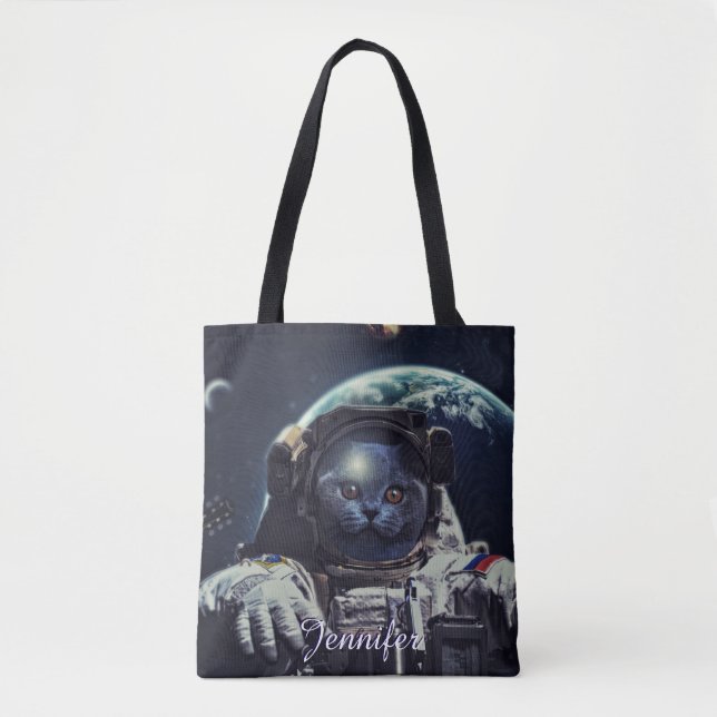 Bolsa Tote Astronauta Encantado Gato de Ar Curto no Espaço (Frente)