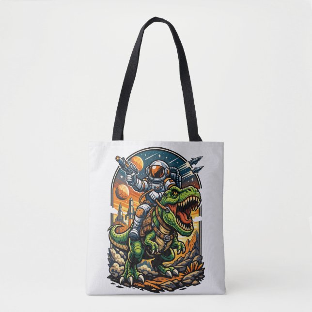 Bolsa Tote Astronauta Montando um T-Rex – Dinosaur Espacial É (Frente)