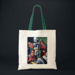 Bolsa Tote Astronautas Vintage Science Fiction consertando um<br><div class="desc">Ilustração vintage: aliens futuristas de ficção científica e imagem de robôs apresentando um homem trabalhando em seu robô metálico. Um astronauta é um piloto que controla os controles do seu foguete. Retro clássico com estilo cômico de 50 s design de ficção científica.</div>