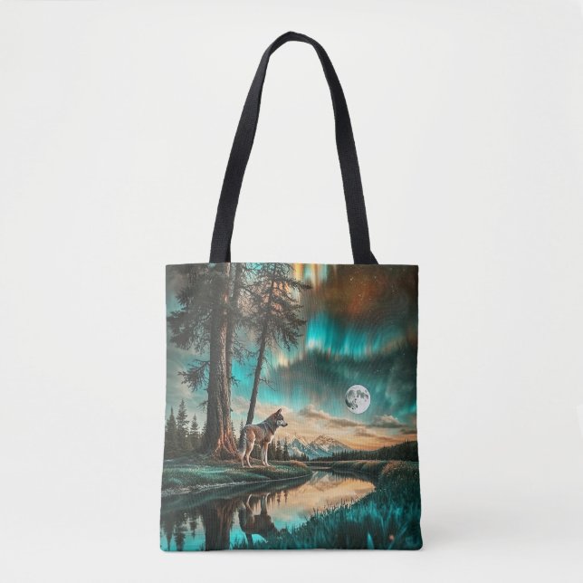 Bolsa Tote Aurora Borealis 2 Design de Lobo (Frente)