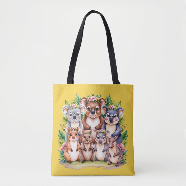 Bolsa Tote Aussie Wildlife koala e amigos (Frente)