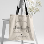 Bolsa Tote Austin Wedding | Linha Skyline Estilizada<br><div class="desc">Uma bolsa única para um casamento que acontece na cidade de Austin. Este bolsa apresenta uma ilustração estilizada do horizonte único da cidade com seu nome embaixo. Esta é seguida pelas informações do dia do casamento em um estilo aberto igual.</div>