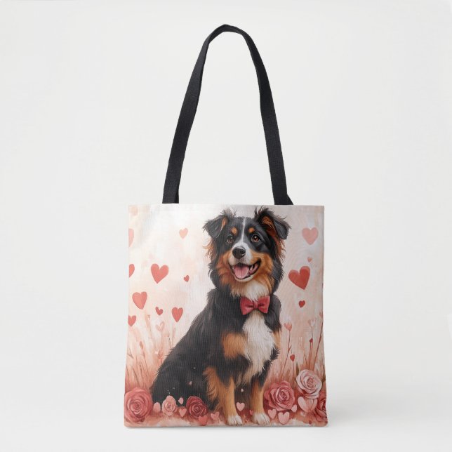 Bolsa Tote Australian Shepherd com Rosas - Dia dos Namorados  (Frente)